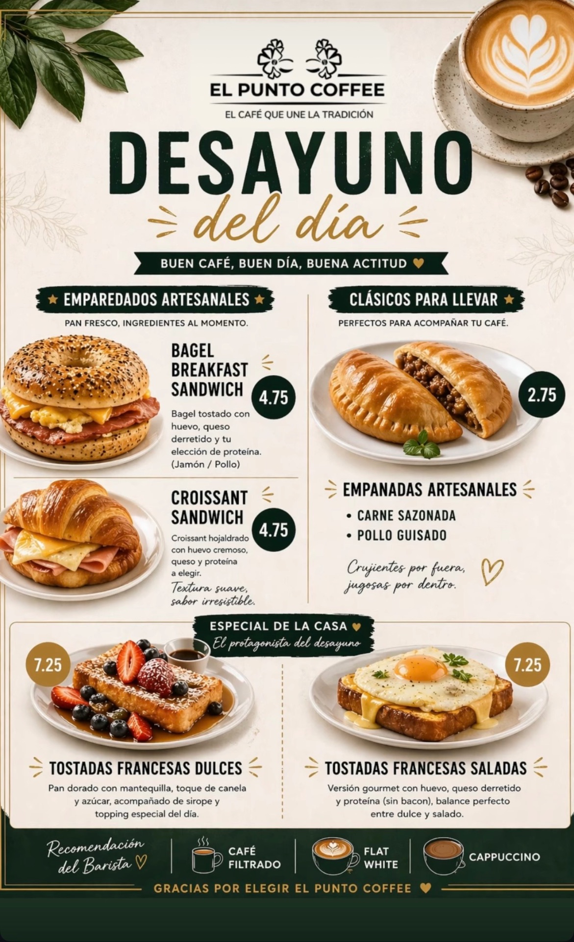 Menú Desayuno del Día de El Punto Coffee — bagel, croissant, empanadas y tostadas francesas