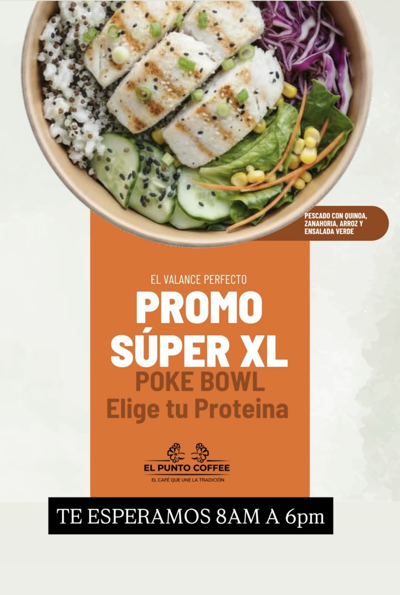 Promo Súper XL Poke Bowl — pescado con quinoa, arroz y ensalada